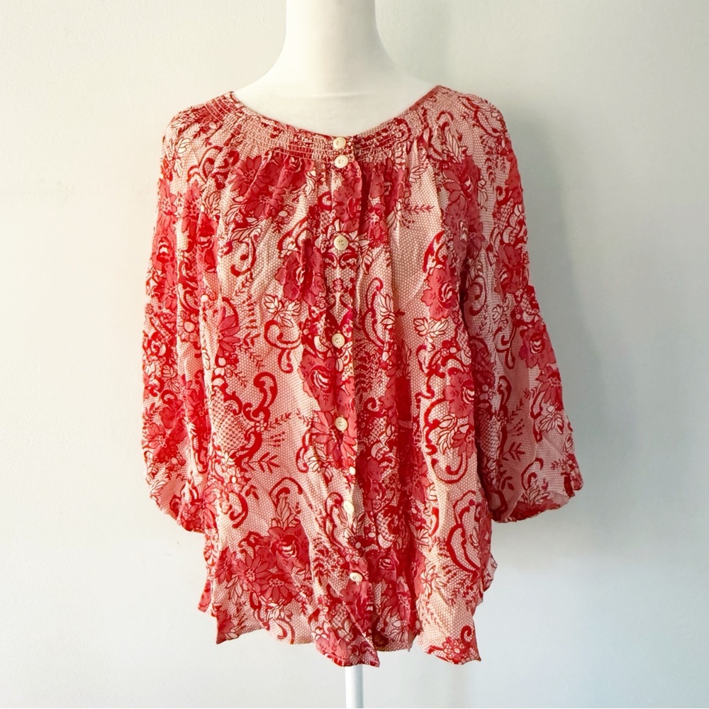 Sundance Women Floral 100% Silk Button Down Balloon Sleeve Top Medium Boho Airy